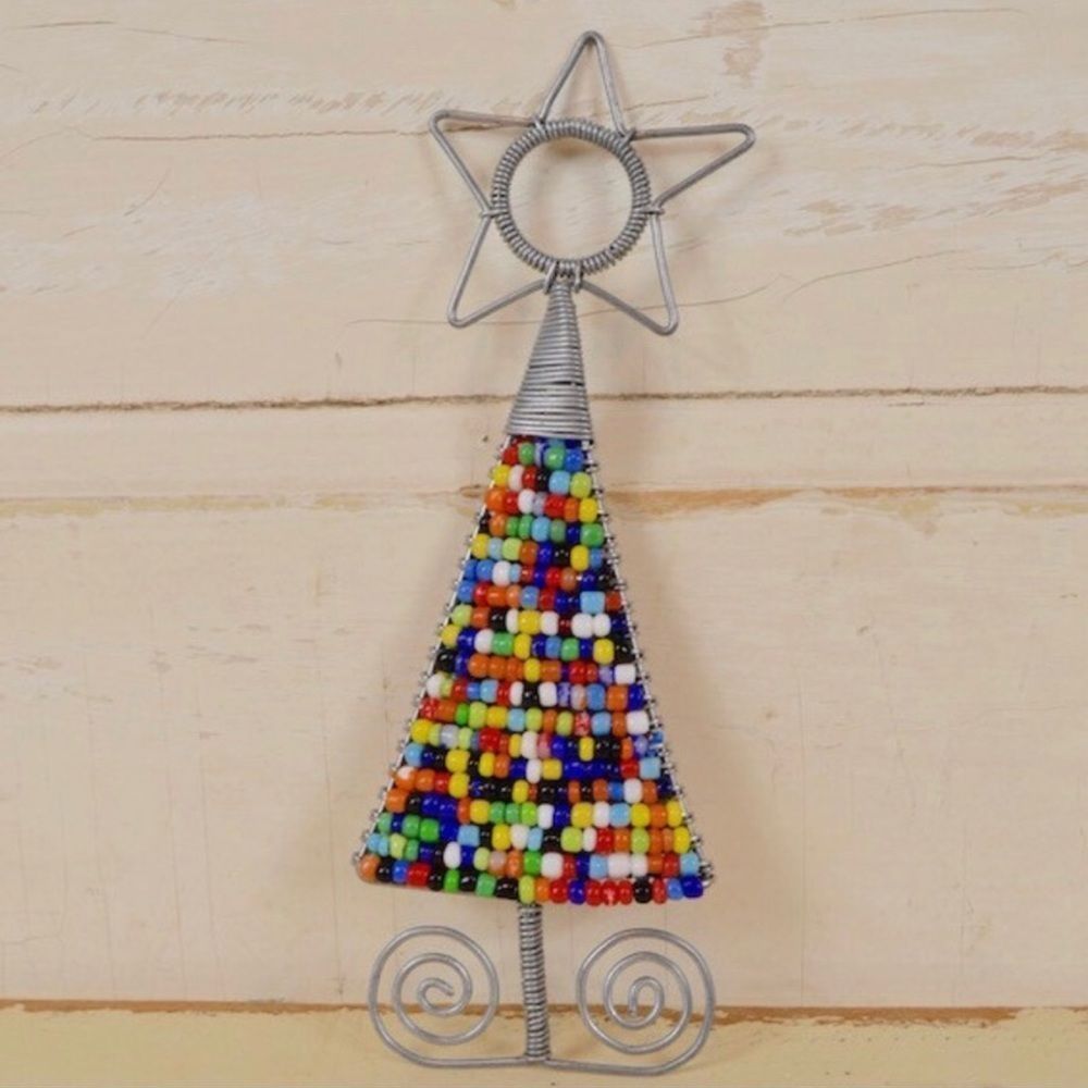 Multi colored hand-beaded tree ornament